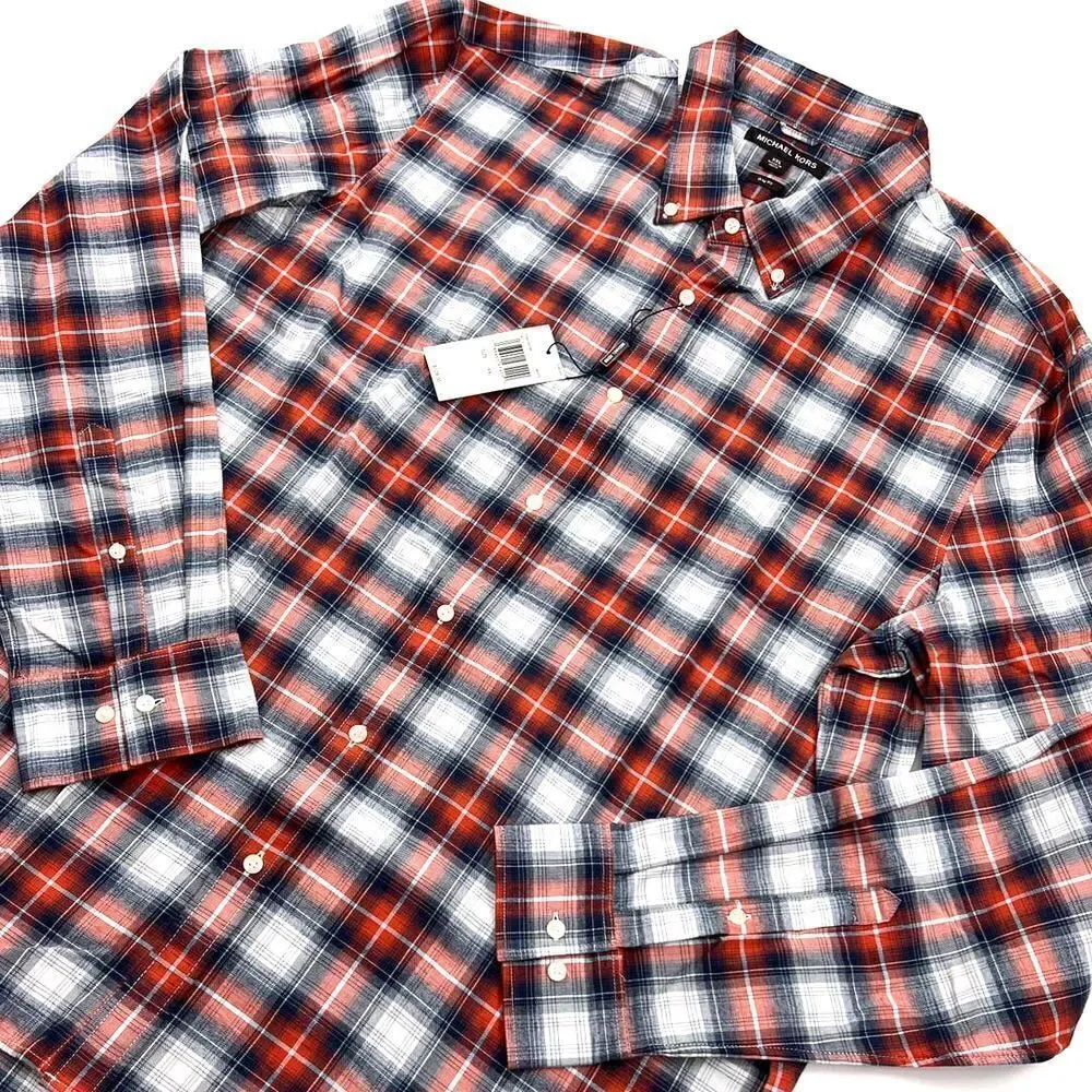 NWT Michael Kors Men US XXL Plaid Button Down Shirt  White Gray Orange Casual - Picture 5 of 7